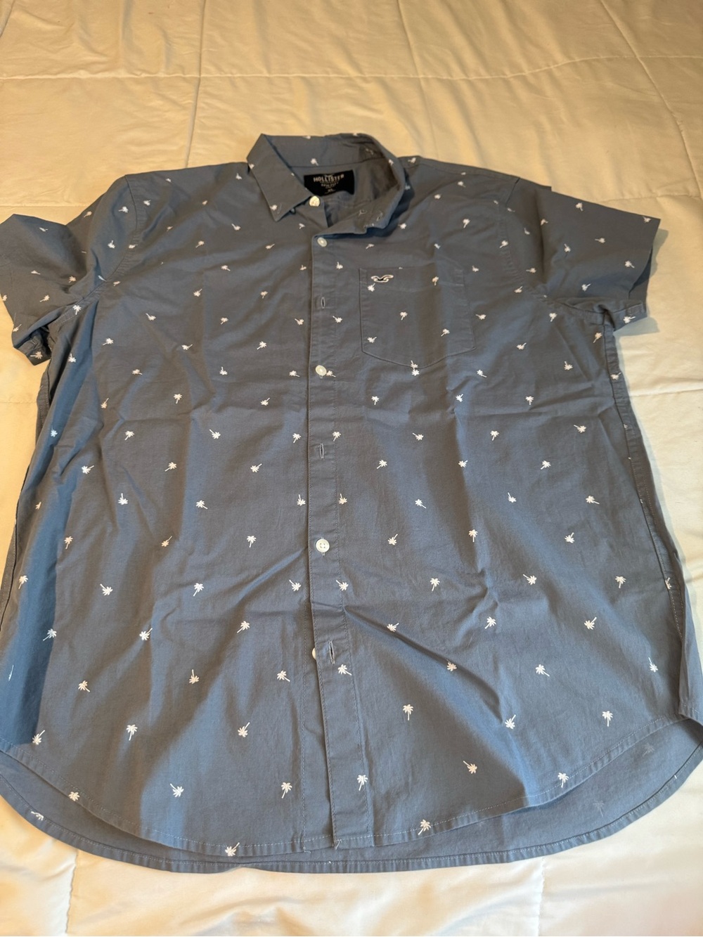 Hollister Slate Blue Short-Sleeve Button-Down with White Palm Print